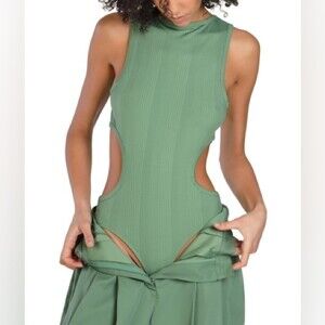 Nicole Williams English Bar III Cutout Ribbed Bodysuit Green(Size L)